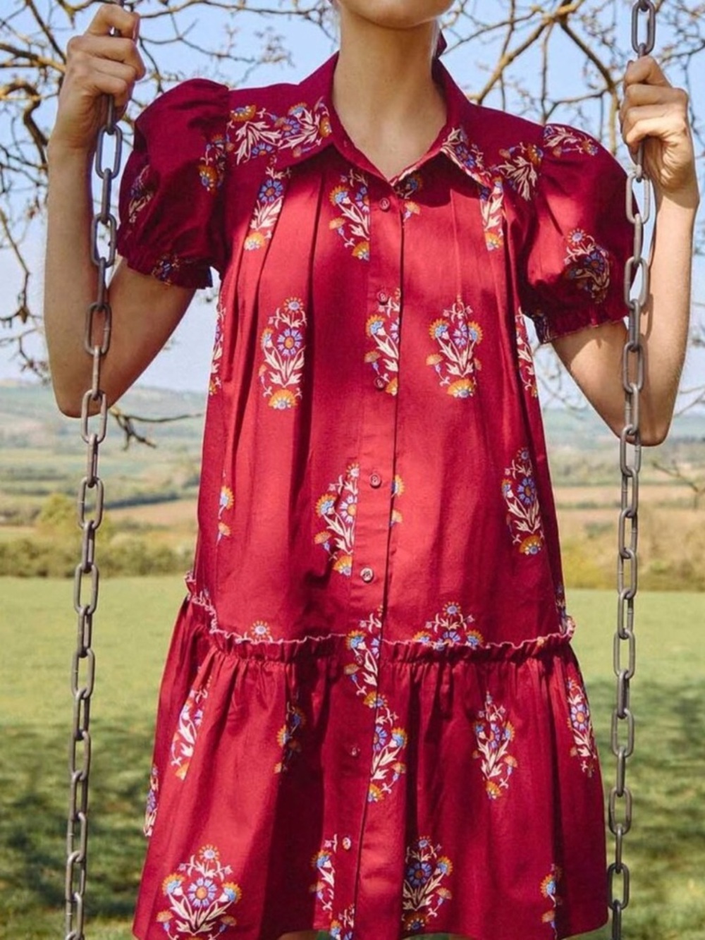 HUNTER BELL Red Ruffled Tiered Sundress with Puff Sleeves